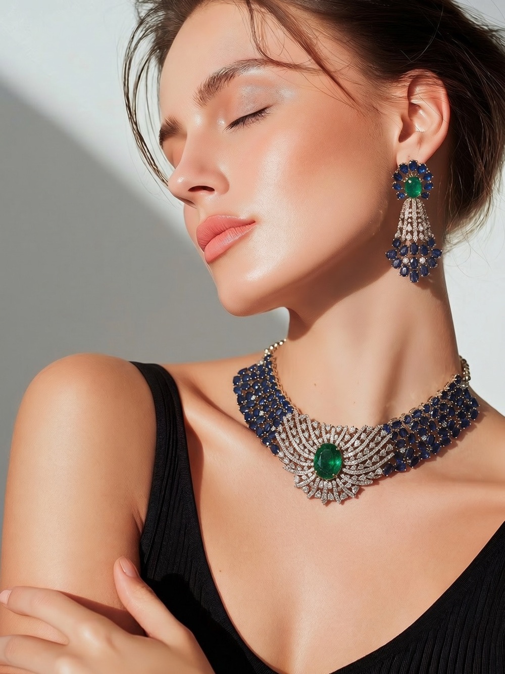Luxury Emerald Green & Sapphire Blue tone Statement choker and Earrings Set